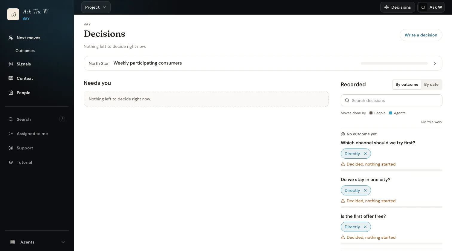 Way by Ask The W: recorded decisions with their chosen option, search, and sorting by outcome or by date.