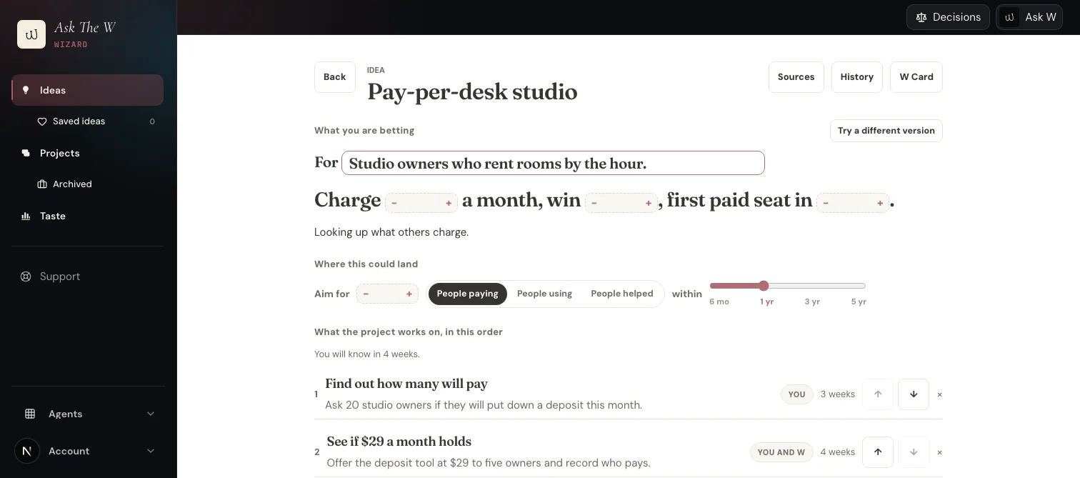 Wizard by Ask The W: the tests for an idea in order, starting with whether customers will put down a deposit.