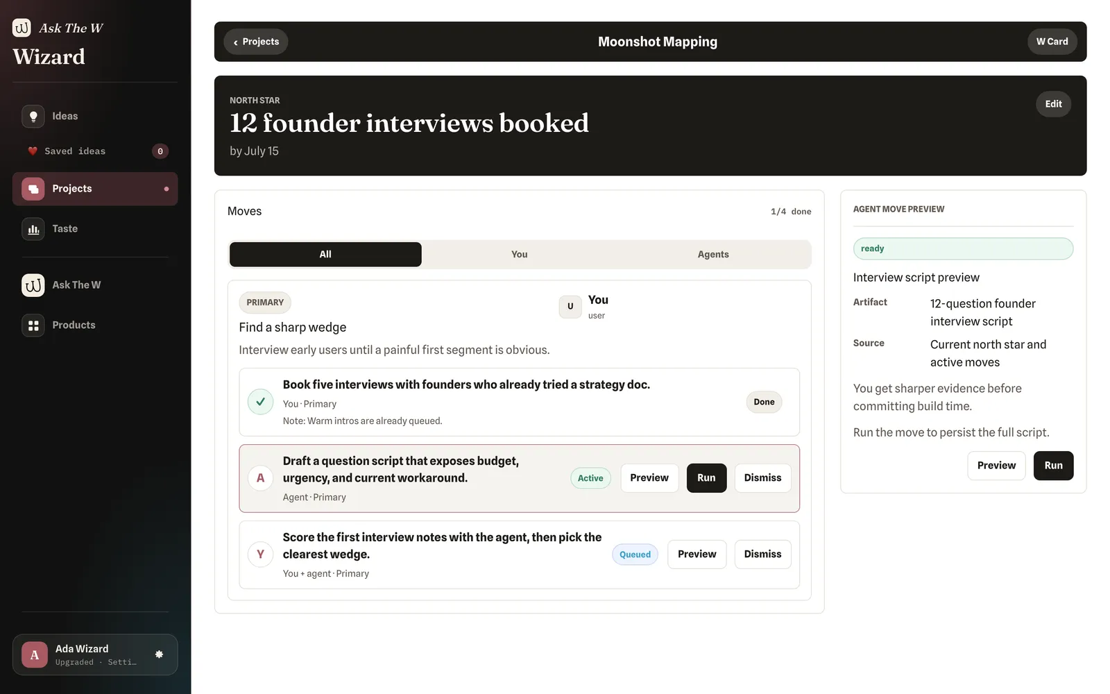Wizard on the web: a project board separating your moves from agent moves